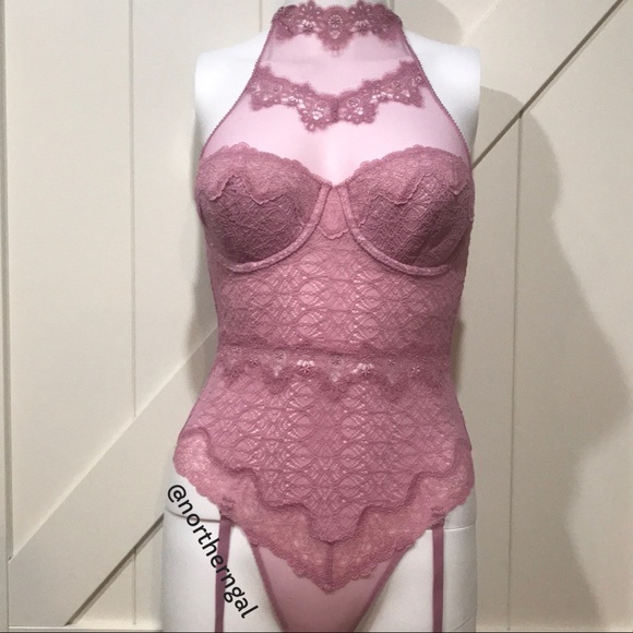 VS VICTORIA'S SECRET Chantilly Lace High-neck Teddy Garter Lingerie Bodysuit 32B VS VICTORIA'S SECRET Chantilly Lace High-neck Teddy Garter Lingerie Bodysuit 32B